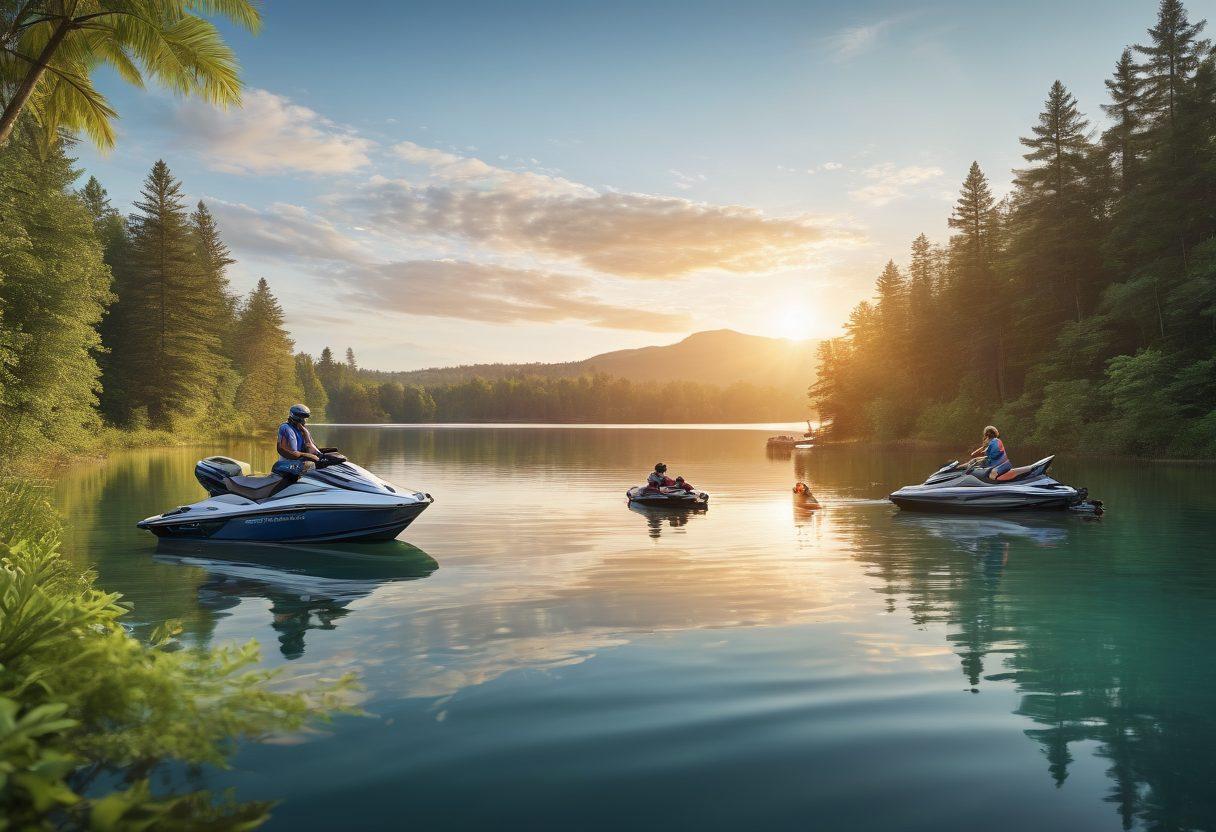 An expansive view of various recreational vehicles including boats, jet skis, and ATVs on a tranquil lake surrounded by lush greenery. A sunlit sky reflecting on the water's surface with a family enjoying their time on the boat, showcasing the joy of watercraft activities. Overlaying the scene, subtle illustrations of insurance documents and coverage symbols in a transparent style, blending with the environment. This visual encapsulates the essence of recreational and watercraft insurance. vibrant colors. 3D. hyper-realistic.