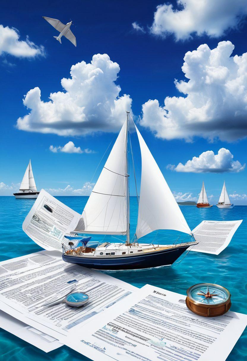 An illustrative scene of a sailboat bobbing on crystal clear blue waters, surrounded by various insurance documents and a compass, symbolizing navigation. In the background, vivid images of different types of boats (yachts, bass boats) transitioning into shields, representing protection plans. The sky is bright with fluffy white clouds to evoke a sense of adventure. vibrant colors. 3D. digital illustration.