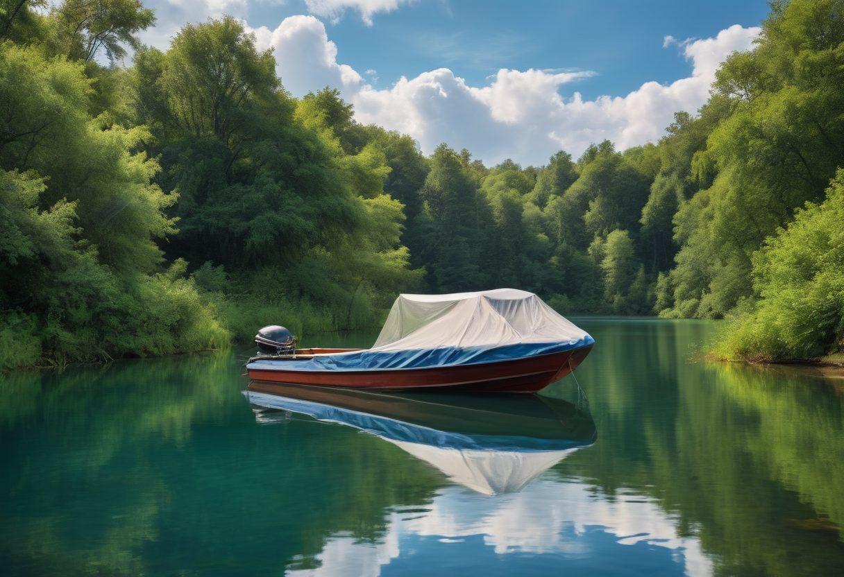 A serene lake scene with a well-maintained boat under a protective cover, surrounded by lush greenery. Include a checklist of boat protection plans visually integrated into the foreground. The water should be glistening under a bright blue sky, with soft clouds in the background, conveying a sense of adventure and safety. super-realistic. vibrant colors.